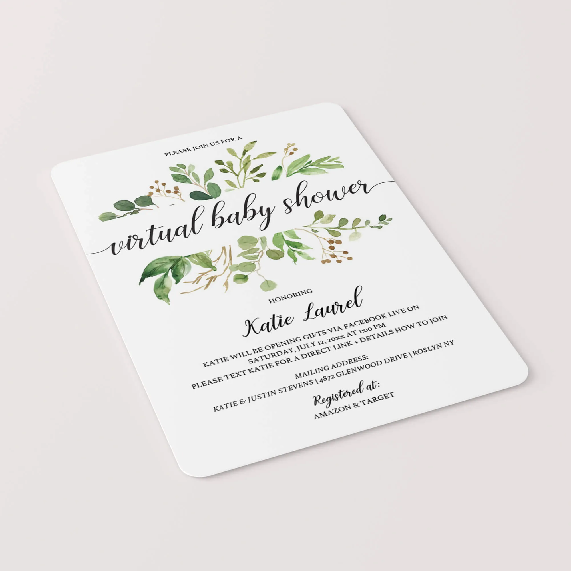 Greenery Virtual Baby Shower Invitation Template