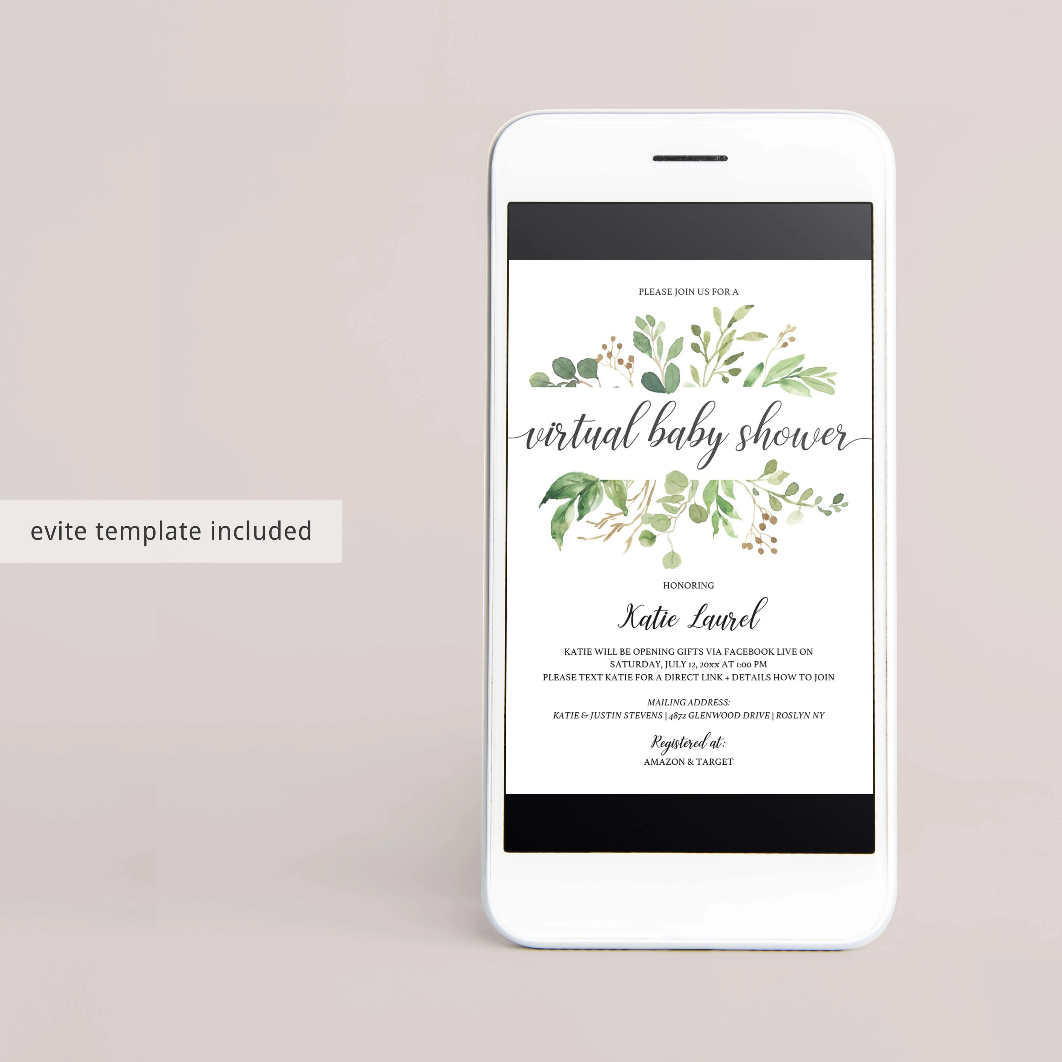 Greenery Virtual Baby Shower Invitation Template