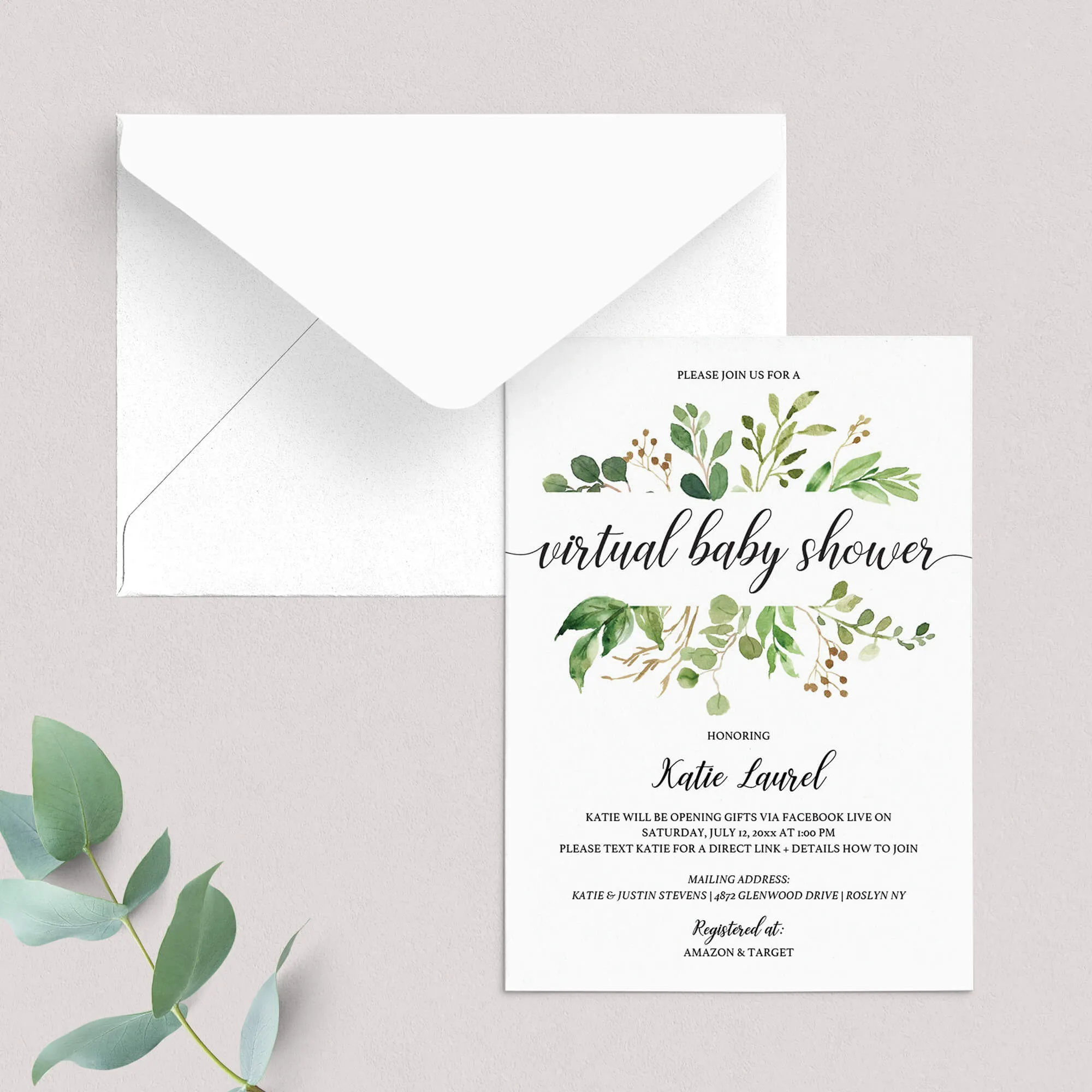 Greenery Virtual Baby Shower Invitation Template