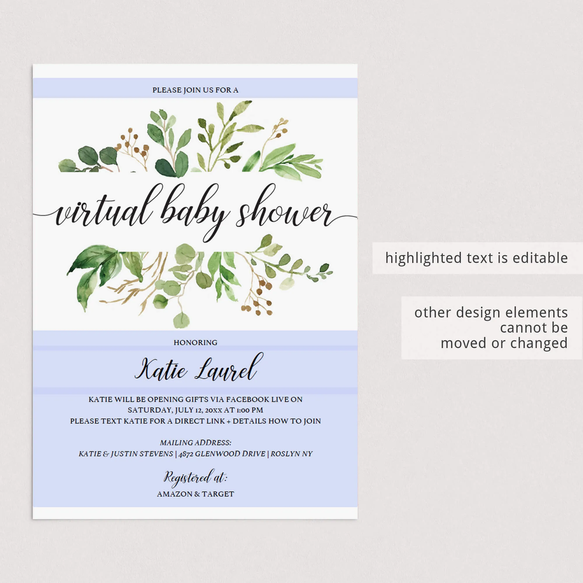 Greenery Virtual Baby Shower Invitation Template