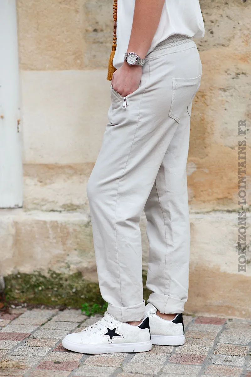 Jogging beige ceinture élastique poches zip