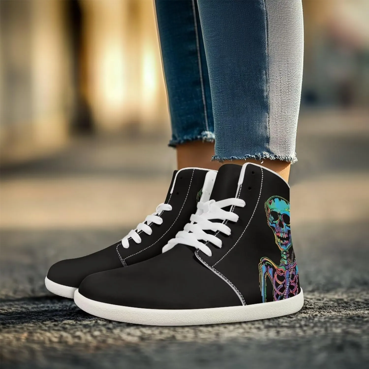 Mens Sugar Skull High Top Shoes for Women Mid Calf Lace Up Outdoor Fitness Walking Platform Sneakers
