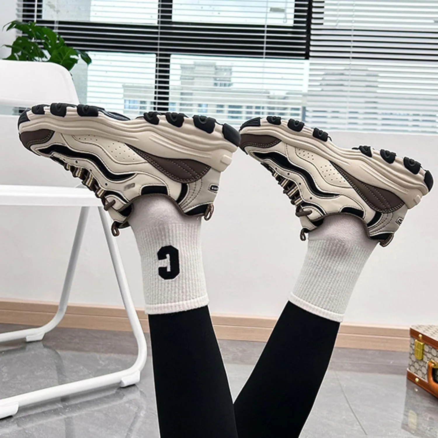 Women's Fashion Sneakers - Lightweight Platform Trainers with Chunky Height Increase and Breathable Dad Sneaker Style - Lace-up Casual Sports Shoes for Autumn,Beige-34