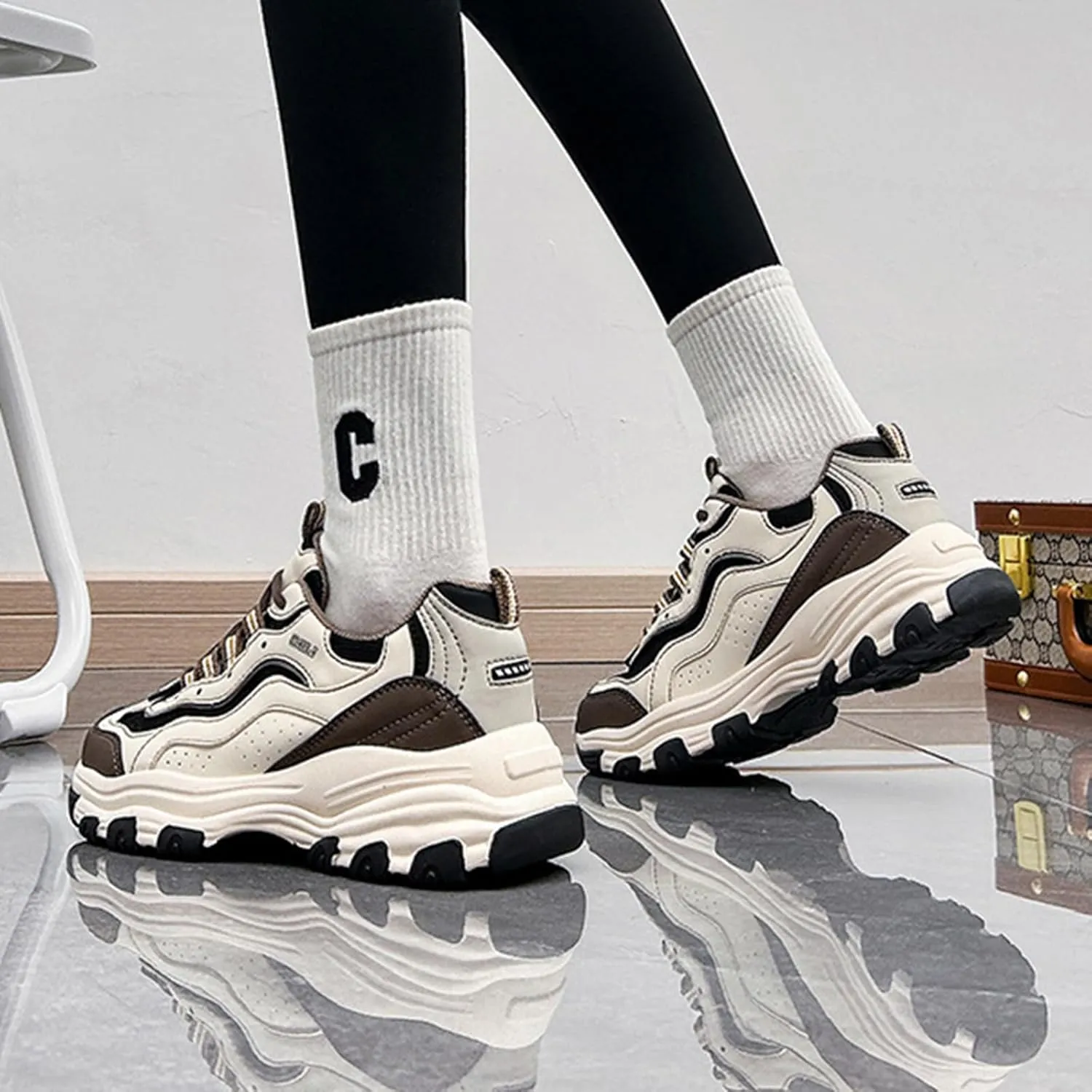 Women's Fashion Sneakers - Lightweight Platform Trainers with Chunky Height Increase and Breathable Dad Sneaker Style - Lace-up Casual Sports Shoes for Autumn,Beige-34