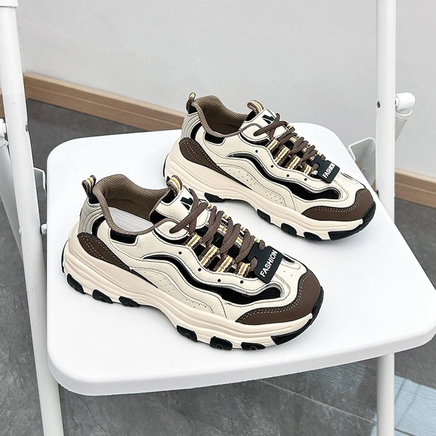 Women's Fashion Sneakers - Lightweight Platform Trainers with Chunky Height Increase and Breathable Dad Sneaker Style - Lace-up Casual Sports Shoes for Autumn,Beige-34