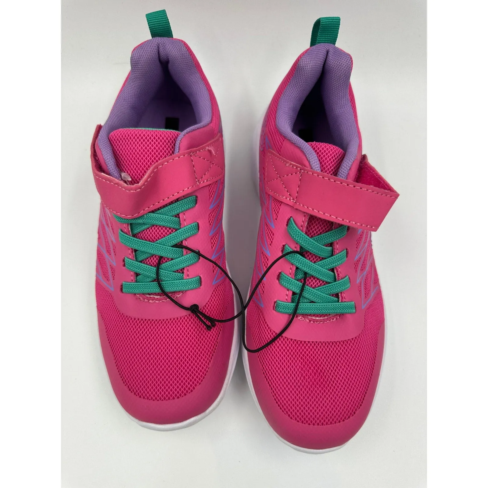 Women's Size 5.5, Pink & Green Low Top Running Sneakers w/ Strap & Elastic Laces